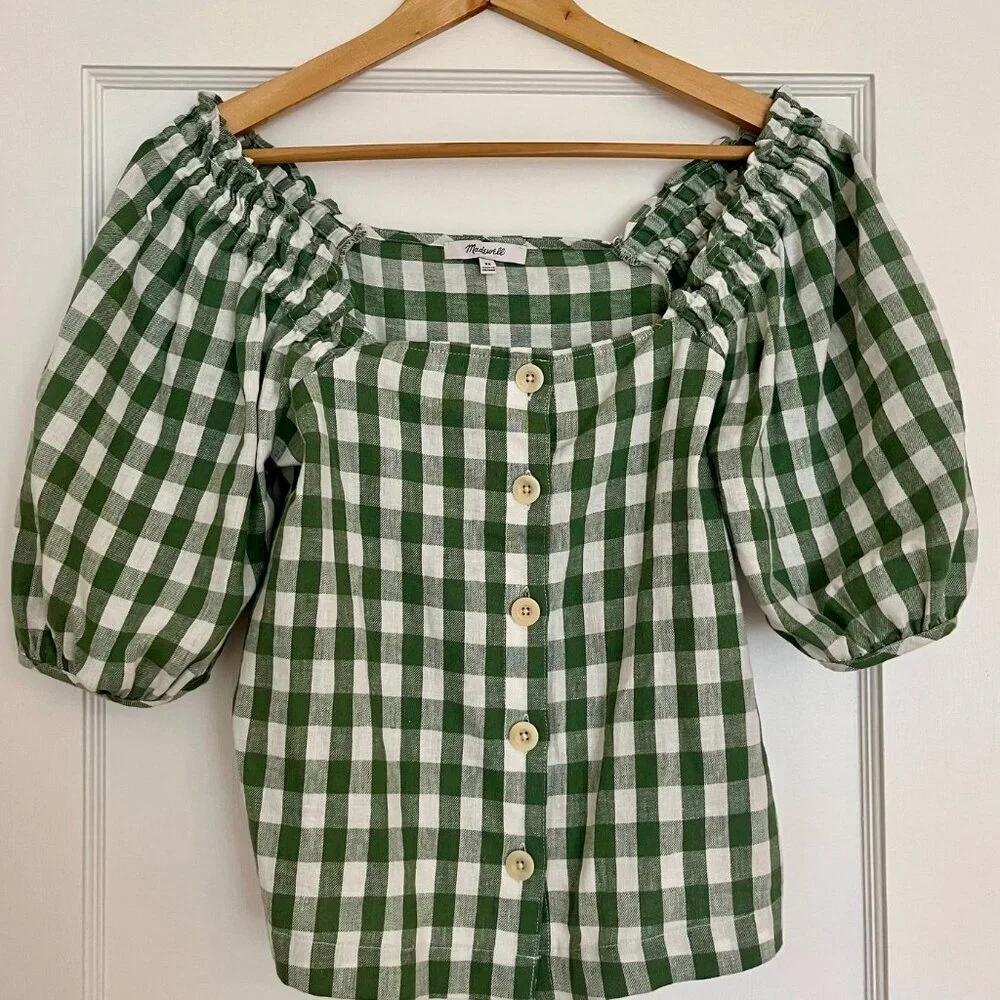 Madewell Green and White Gingham Puff-Sleeve Button-Front Top